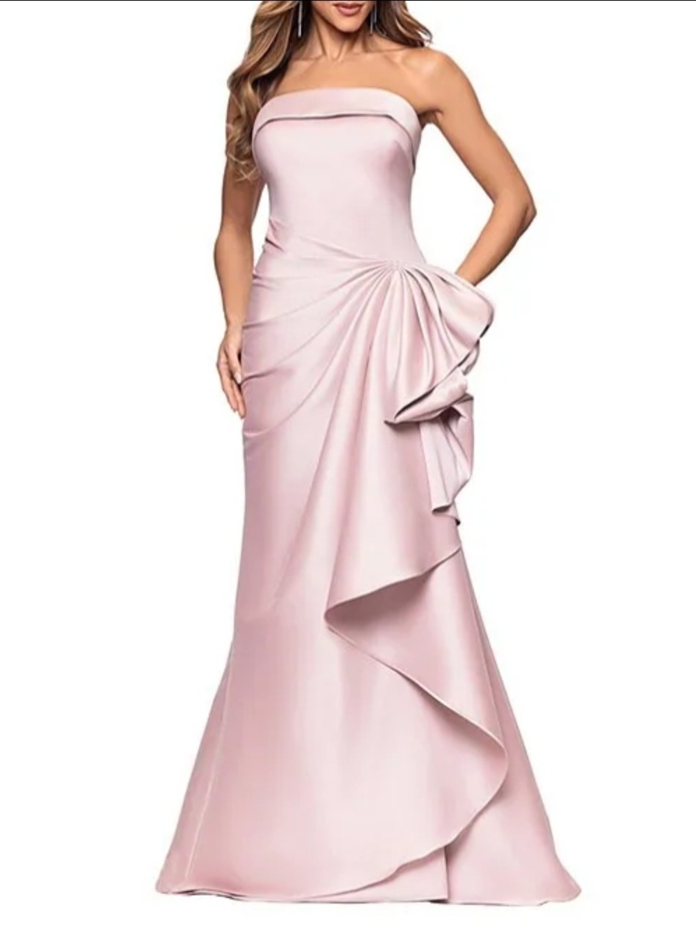 Xscape Dress Strapless Ruched Waist Ruffle Front Stretch Mikado Gown Bra Size 8